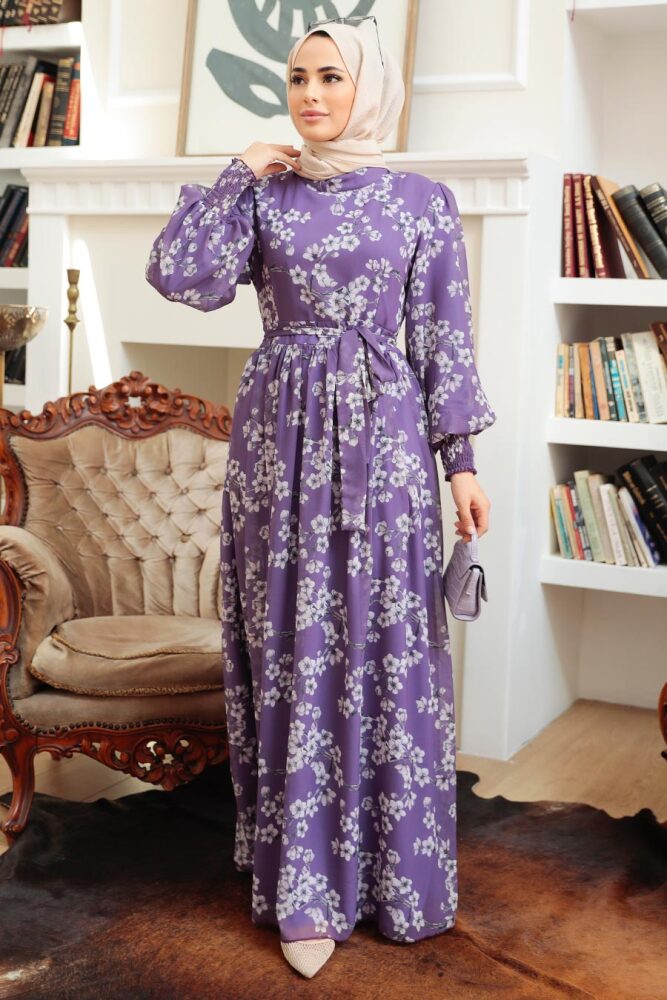 Neva Style - Çiçek Desenli Lila Tesettür Elbise 56830LILA - 2