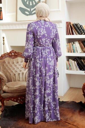 Neva Style - Çiçek Desenli Lila Tesettür Elbise 56830LILA - 3