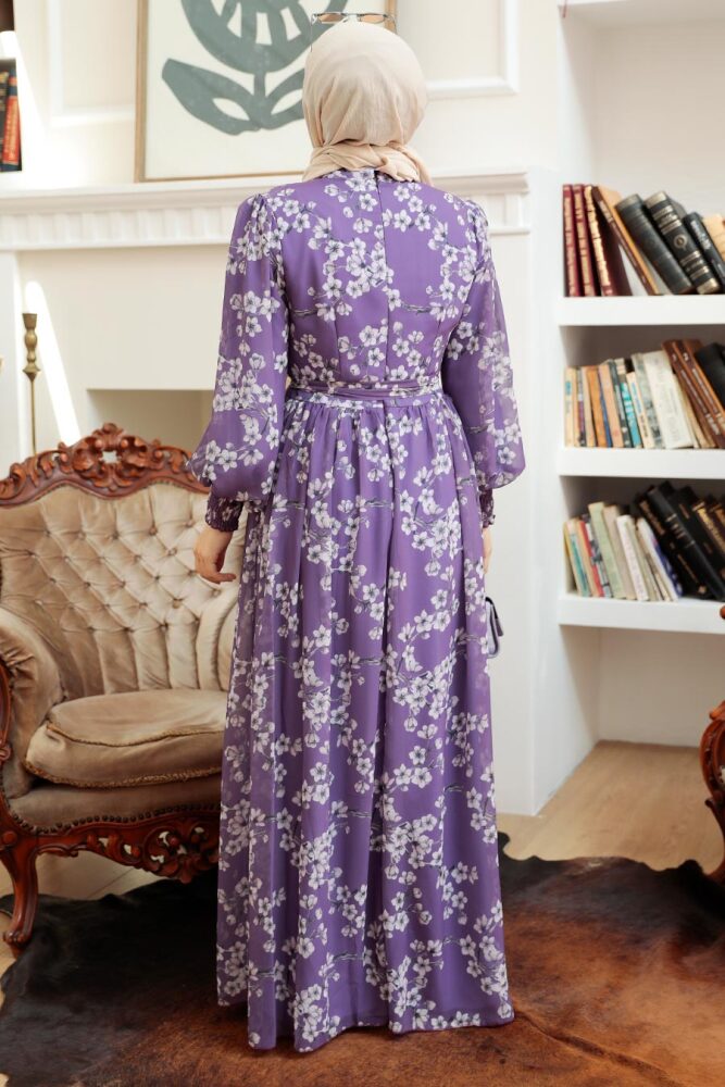 Neva Style - Çiçek Desenli Lila Tesettür Elbise 56830LILA - 3