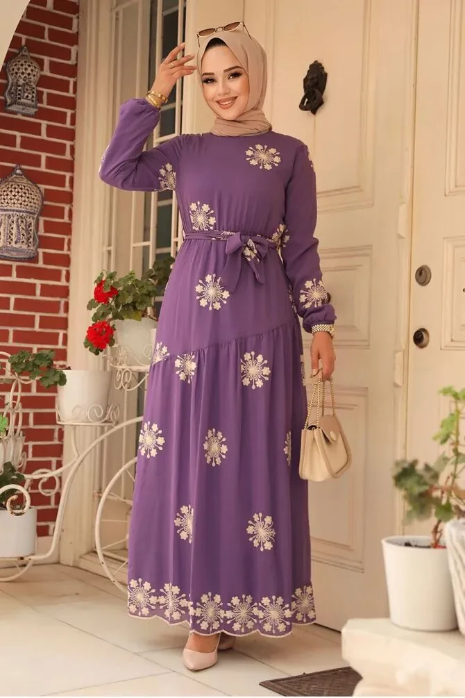 Neva Style - Çiçek Desenli Lila Tesettür Elbise 1332LILA - 1