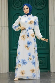 Neva Style - Çiçek Desenli Mavi Tesettür Elbise 279314M - Thumbnail
