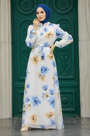 Neva Style - Çiçek Desenli Mavi Tesettür Elbise 279314M - Thumbnail