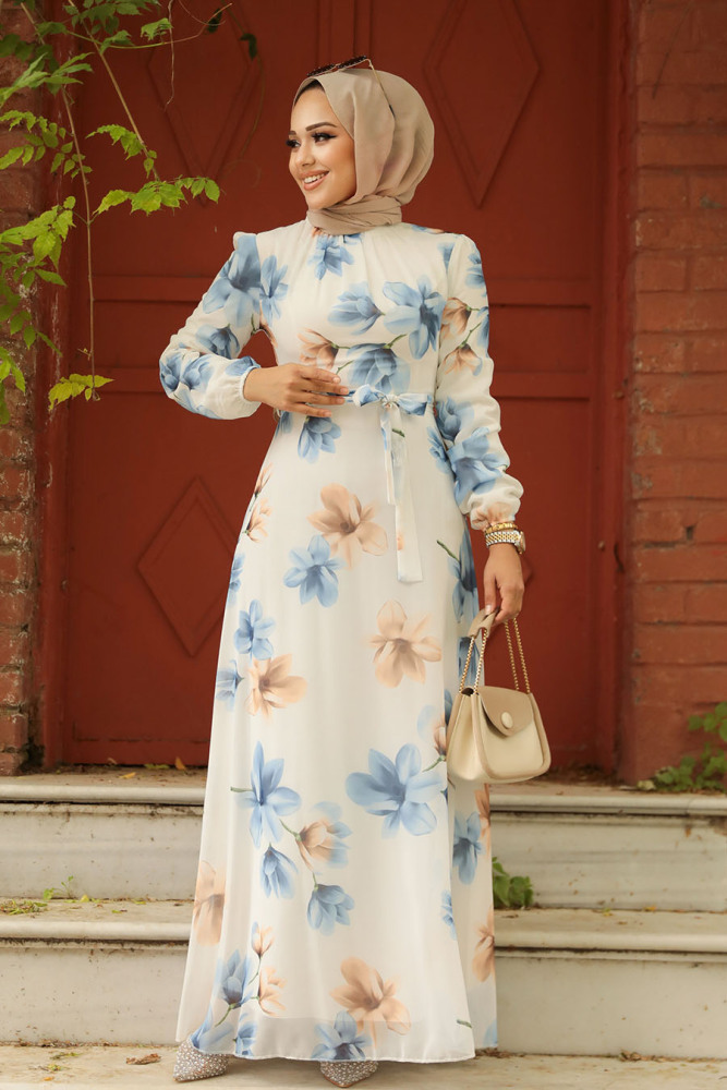 Neva Style - Çiçek Desenli Mavi Tesettür Elbise 279314M - 2