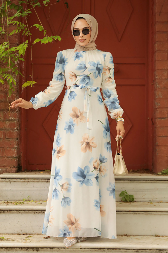 Neva Style - Çiçek Desenli Mavi Tesettür Elbise 279314M - 1