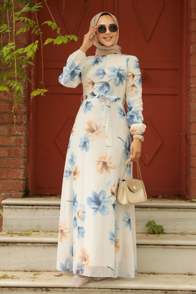 Neva Style - Çiçek Desenli Mavi Tesettür Elbise 279314M - 3
