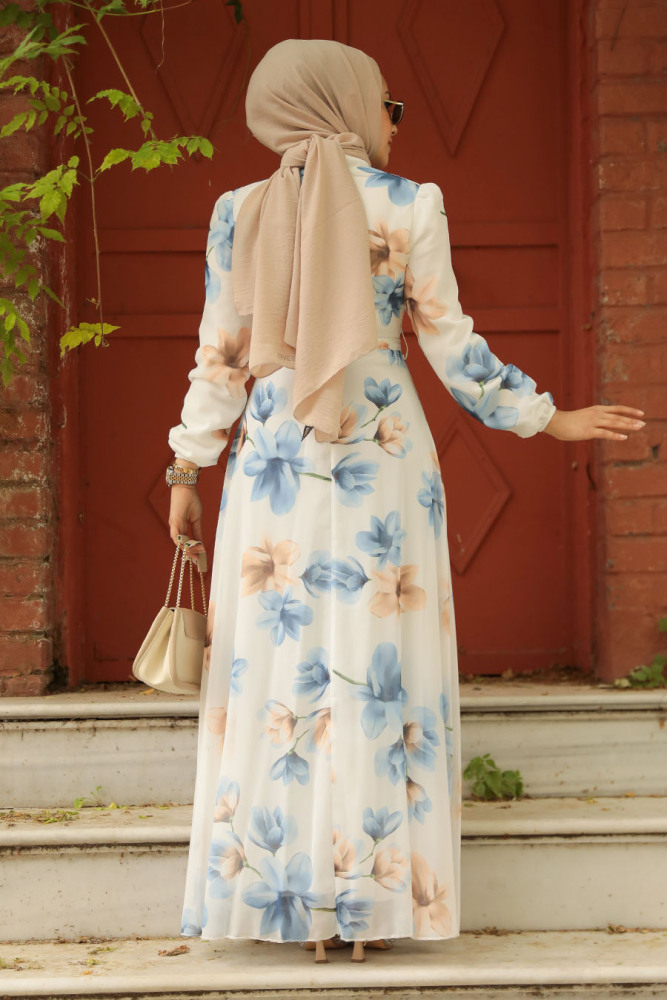 Neva Style - Çiçek Desenli Mavi Tesettür Elbise 279314M - 4