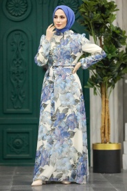 Neva Style - Çiçek Desenli Mavi Tesettür Elbise 279318M - Thumbnail