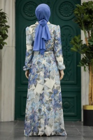 Neva Style - Çiçek Desenli Mavi Tesettür Elbise 279318M - Thumbnail