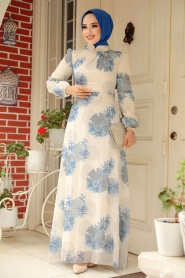 Neva Style - Çiçek Desenli Mavi Tesettür Elbise 279323M - Thumbnail