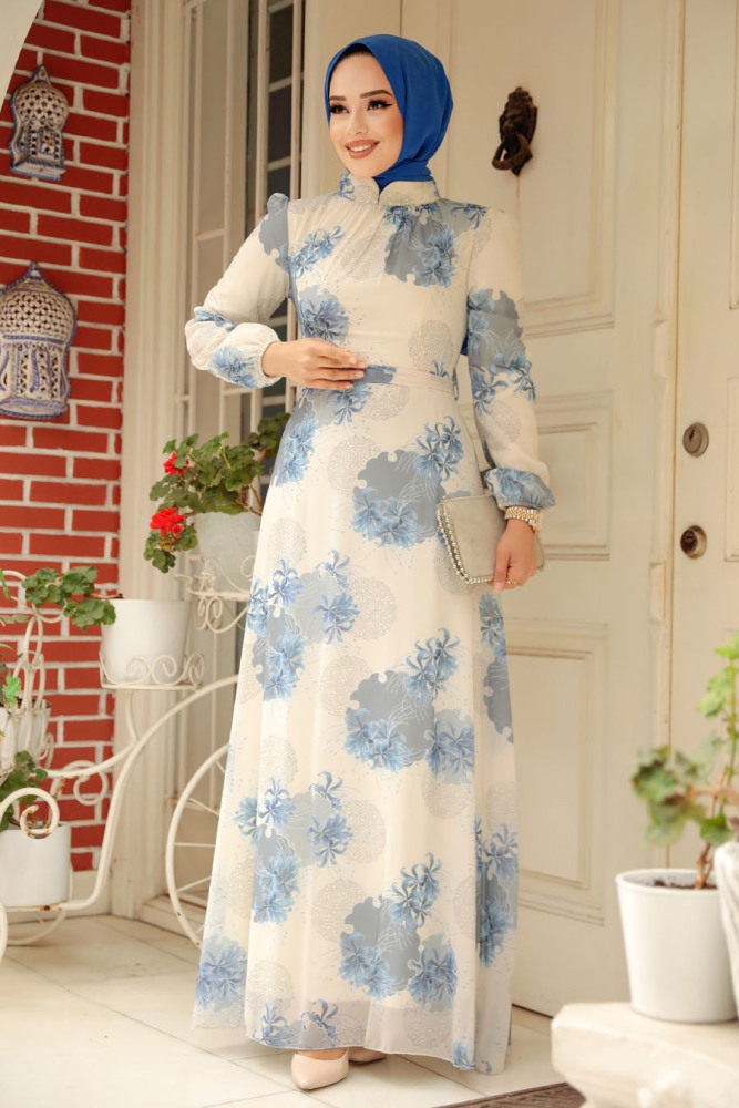 Neva Style - Çiçek Desenli Mavi Tesettür Elbise 279323M - 2