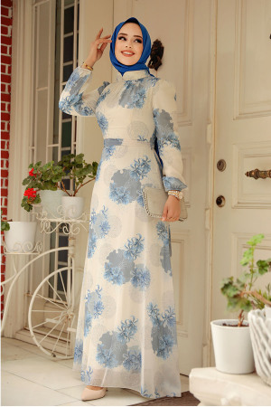 Neva Style - Çiçek Desenli Mavi Tesettür Elbise 279323M - 3