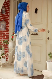Neva Style - Çiçek Desenli Mavi Tesettür Elbise 279323M - Thumbnail