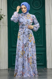 Neva Style - Çiçek Desenli Mavi Tesettür Elbise 30057M - Thumbnail