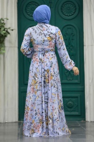 Neva Style - Çiçek Desenli Mavi Tesettür Elbise 30057M - Thumbnail