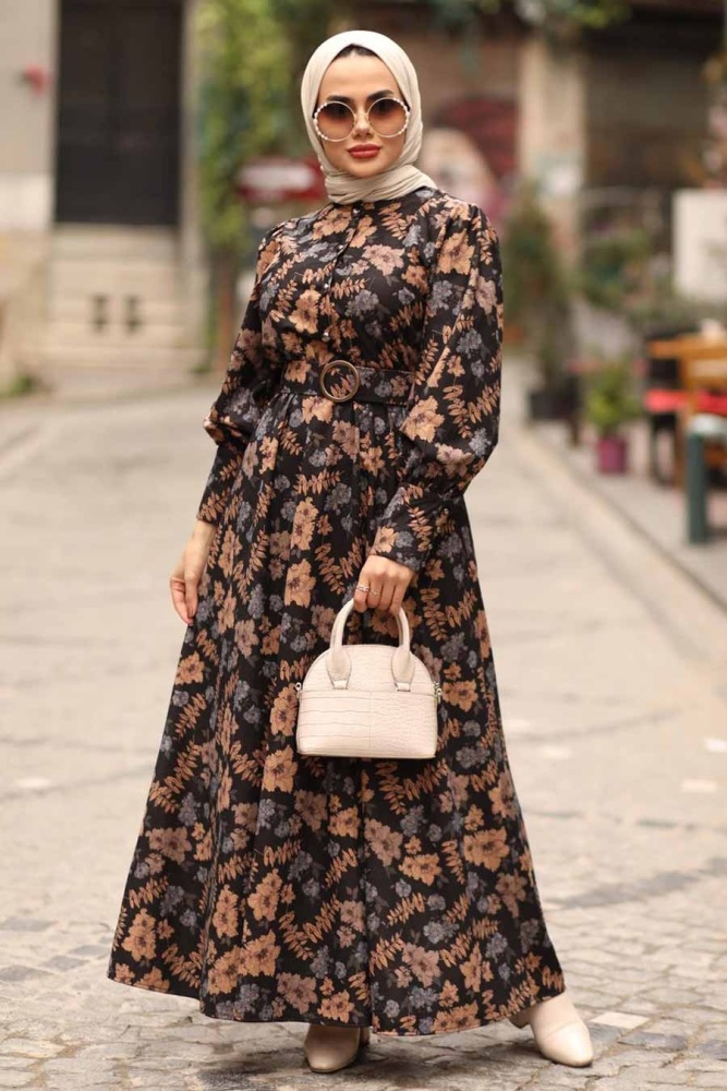 Neva Style - Çiçek Desenli Mavi Tesettür Elbise 44670M - 1
