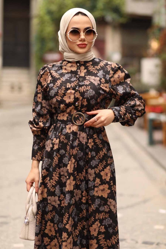 Neva Style - Çiçek Desenli Mavi Tesettür Elbise 44670M - 2