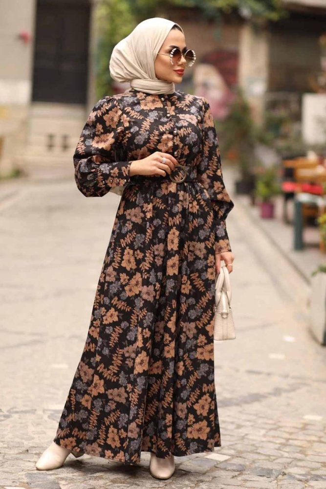 Neva Style - Çiçek Desenli Mavi Tesettür Elbise 44670M - 3