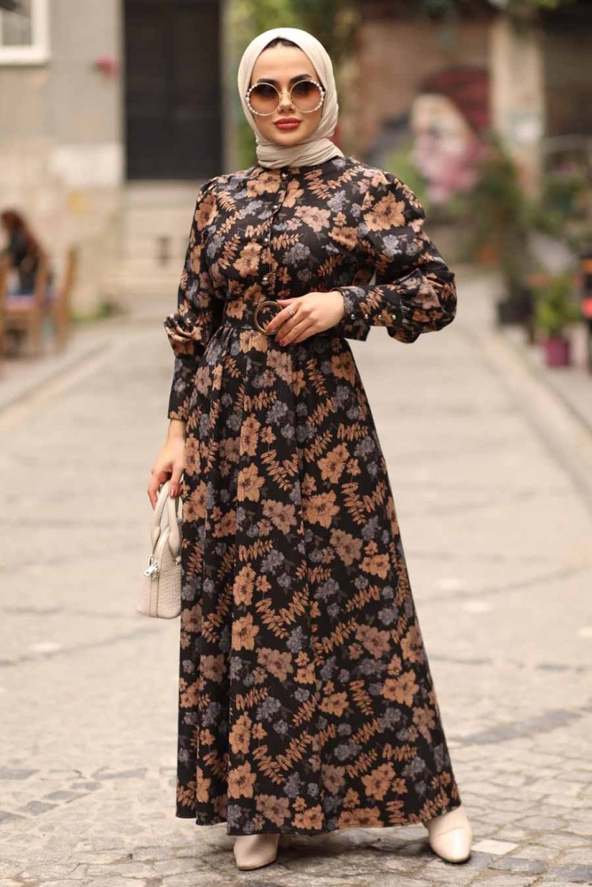 Neva Style - Çiçek Desenli Mavi Tesettür Elbise 44670M - 4