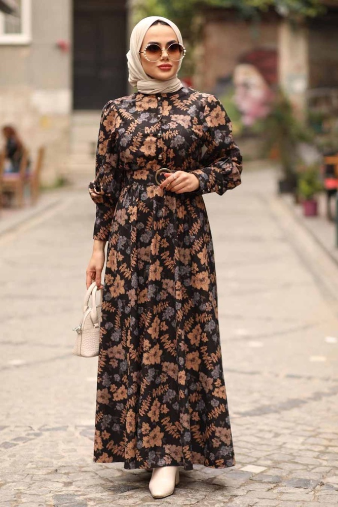 Neva Style - Çiçek Desenli Mavi Tesettür Elbise 44670M - 5