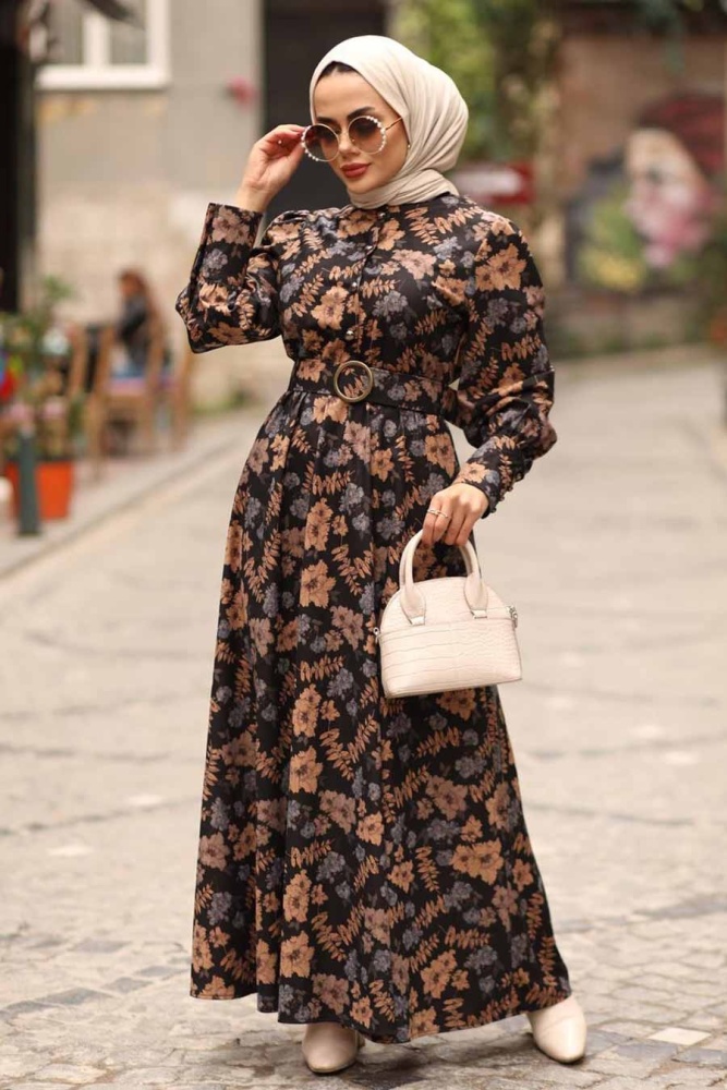 Neva Style - Çiçek Desenli Mavi Tesettür Elbise 44670M - 6