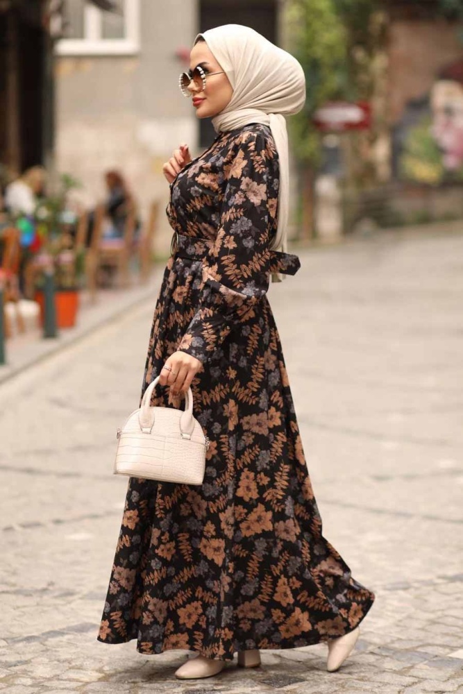 Neva Style - Çiçek Desenli Mavi Tesettür Elbise 44670M - 7