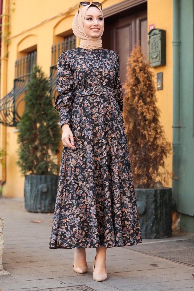 Neva Style - Çiçek Desenli Mavi Tesettür Elbise 44671M - 2
