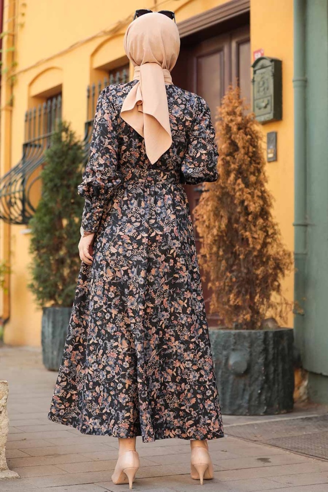 Neva Style - Çiçek Desenli Mavi Tesettür Elbise 44671M - 3