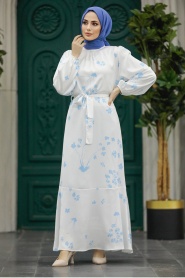 Neva Style - Çiçek Desenli Mavi Tesettür Elbise 5901M - Thumbnail