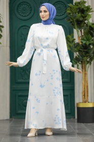 Neva Style - Çiçek Desenli Mavi Tesettür Elbise 5901M - Thumbnail