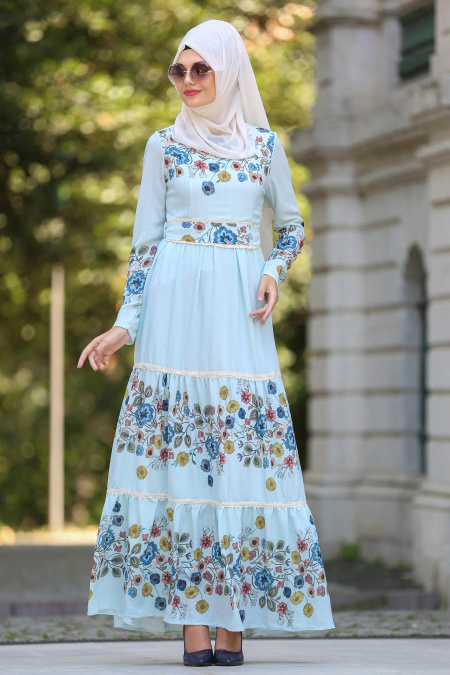 Neva Style - Çiçek Desenli Mavi Tesettür Elbise 7772M
