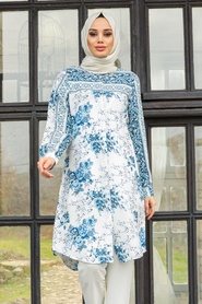 Neva Style - Çiçek Desenli Mavi Tesettür Tunik 11534M - Thumbnail