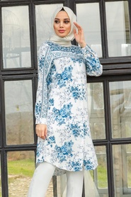 Neva Style - Çiçek Desenli Mavi Tesettür Tunik 11534M - Thumbnail