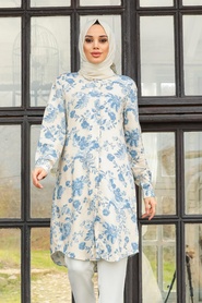 Neva Style - Çiçek Desenli Mavi Tesettür Tunik 11535M - Thumbnail