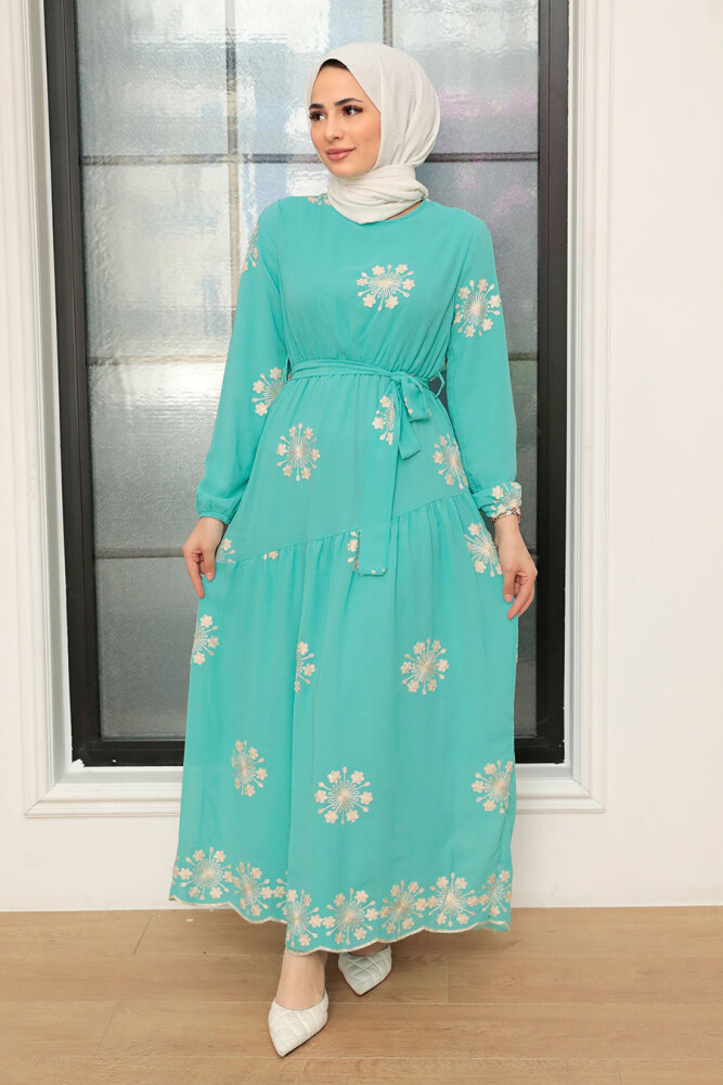Neva Style - Çiçek Desenli Mint Tesettür Elbise 1332MINT - 2