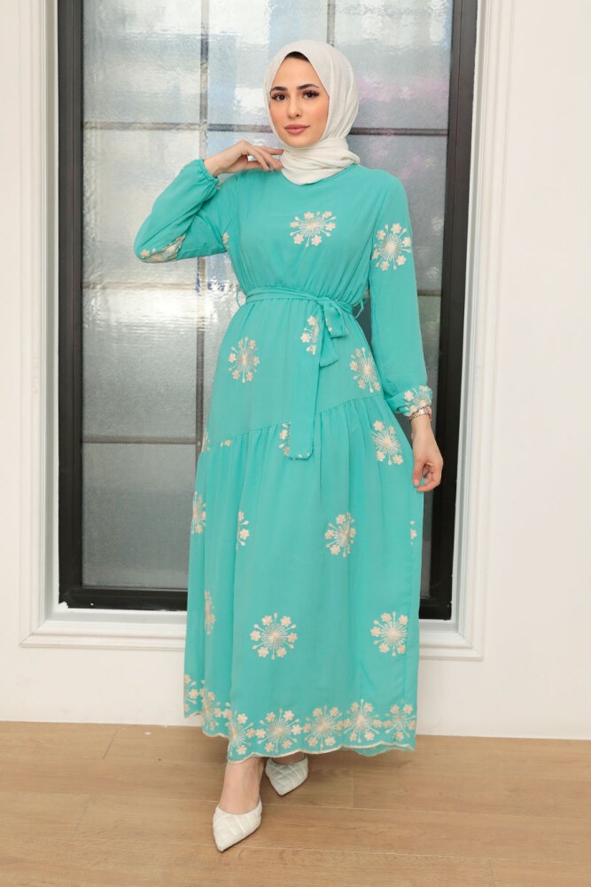 Neva Style - Çiçek Desenli Mint Tesettür Elbise 1332MINT - 1
