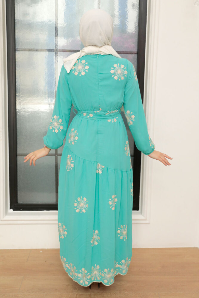 Neva Style - Çiçek Desenli Mint Tesettür Elbise 1332MINT - 3