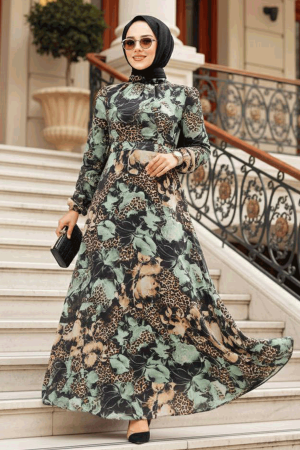  Çiçek Desenli Mint Tesettür Elbise 279312MINT - 1