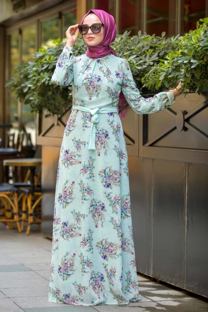 Neva Style - Çiçek Desenli Mint Tesettür Elbise 815219MINT - 1