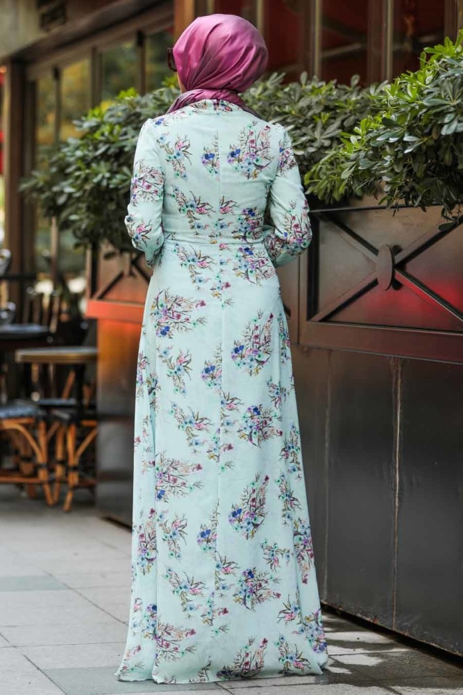 Neva Style - Çiçek Desenli Mint Tesettür Elbise 815219MINT - 2
