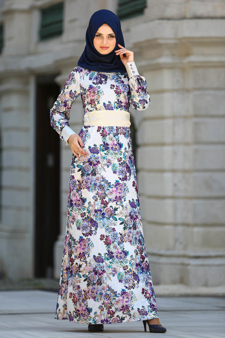 Neva Style - Çiçek Desenli Mor Kadife Tesettür Elbise 20881MOR