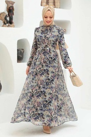 Neva Style - Çiçek Desenli Mor Tesettür Elbise 279029MOR - Thumbnail