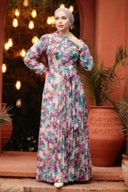 Neva Style - Çiçek Desenli Mor Tesettür Elbise 30065MOR - Thumbnail