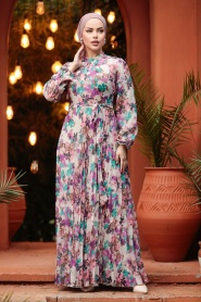 Neva Style - Çiçek Desenli Mor Tesettür Elbise 30065MOR - Thumbnail