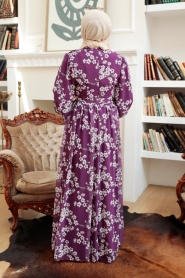 Neva Style - Çiçek Desenli Mor Tesettür Elbise 56830MOR - Thumbnail
