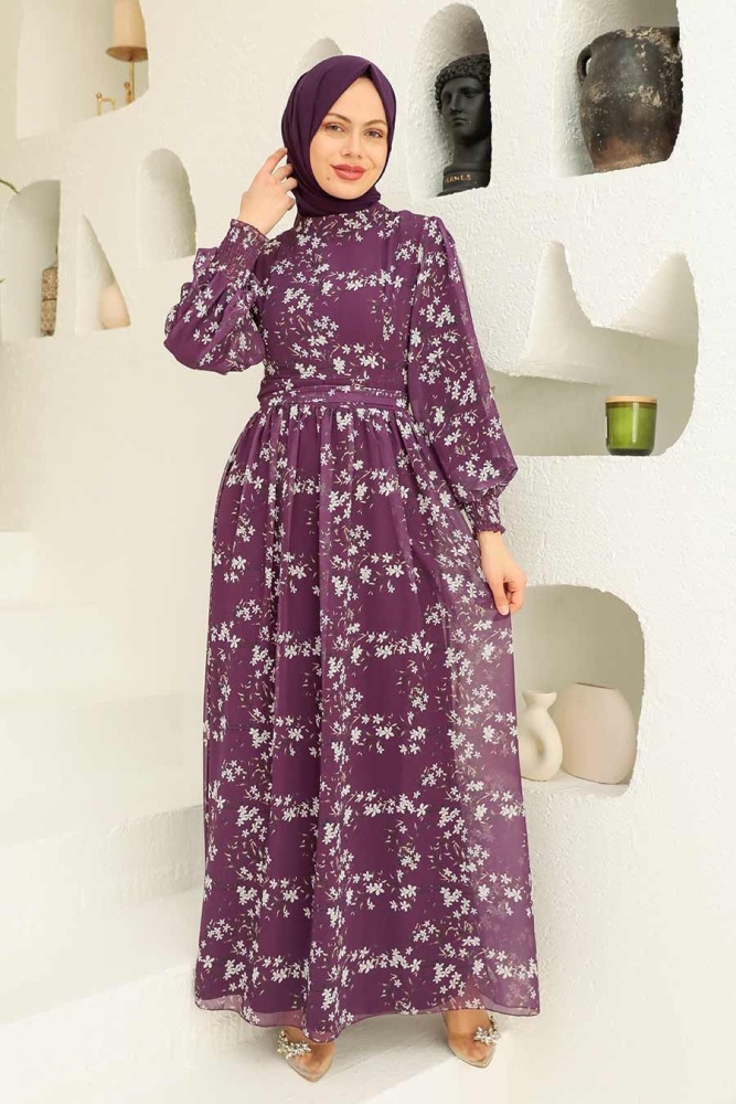 Neva Style - Çiçek Desenli Mor Tesettür Elbise 5683MOR - 1