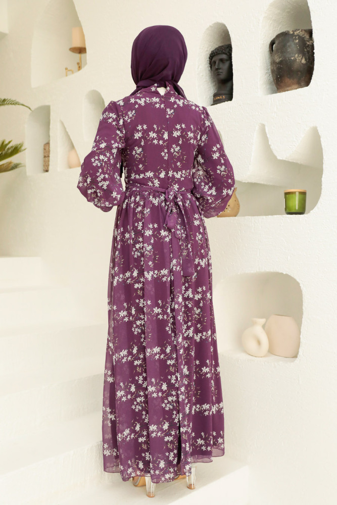 Neva Style - Çiçek Desenli Mor Tesettür Elbise 5683MOR - 2