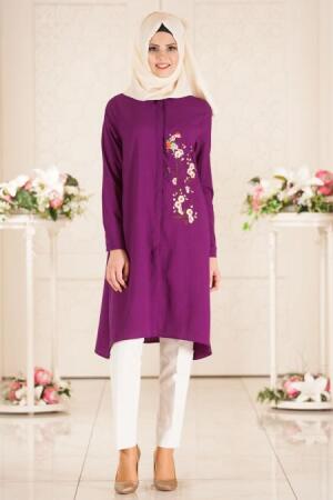 Neva Style - Çiçek Desenli Mor Tesettür Tunik 52290MOR - 1