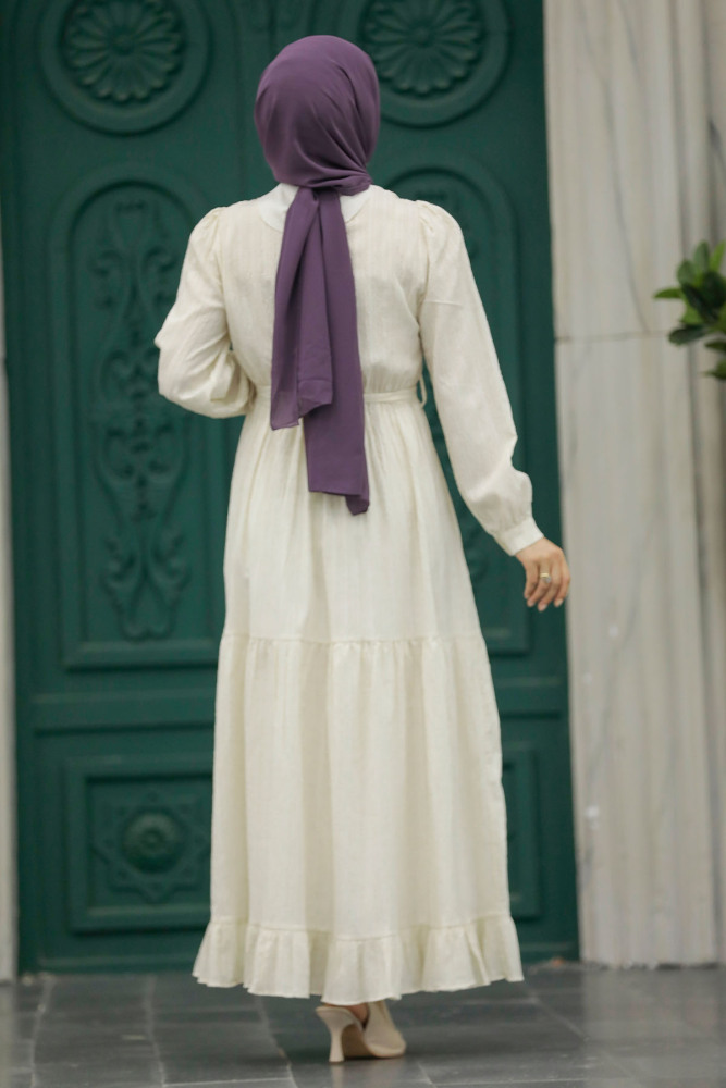 Neva Style - Çiçek Desenli Mürdüm Tesettür Elbise 13081MU - 5