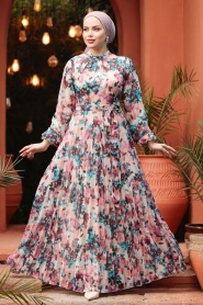 Neva Style - Çiçek Desenli Mürdüm Tesettür Elbise 30065MU - Thumbnail