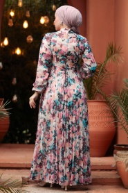 Neva Style - Çiçek Desenli Mürdüm Tesettür Elbise 30065MU - Thumbnail